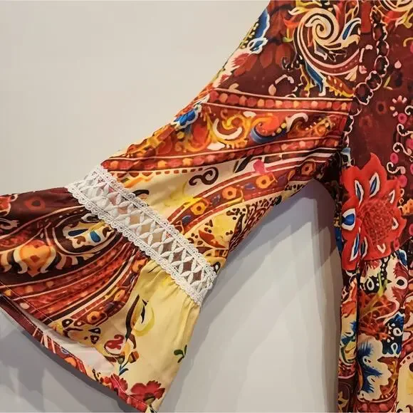 New Fall Colorful Dress Flowy Boho V-Neck Beach Dress Size L - Picture 3 of 9